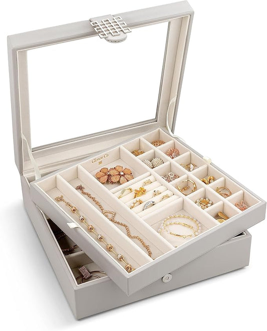 Co 28 Section Jewelry Box - 2 Layer - Buckle Snap & Magnet Closure - Large Glass Top - Leather Design - Grey - Jewelry Organizer for Women & Girls - for Earring Ring Necklace & Bracelet