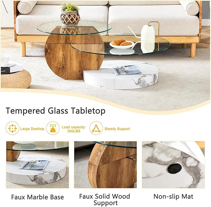 Glass Coffee Table, Modern Round Glass Coffee Table with Wooden Base, 3 Tier Round Coffee Table, Clear Cocktail Table with Storage for Living Room, Office, Balcony, Wood and White