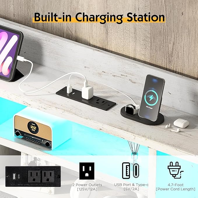 Queen LED Bed Frame with Bookcase Headboard and 4 Drawers,Farmhouse Storage Bed with Charging Station & Linen Upholstered, No Box Spring Needed, Distressed White