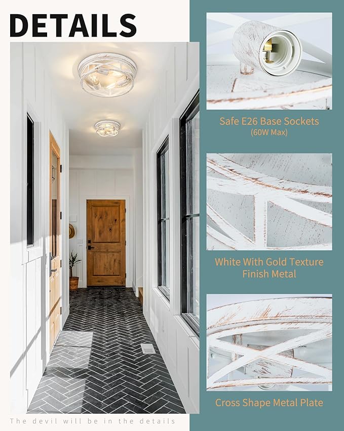 2 Pack Close to Ceiling Light Fixtures, 3-Lights Cage Flush Mount Ceiling Light, 13 Inch White and Gold Semi Flush Mount Ceiling Light for House Bedroom Laundry Hallway Kitchen