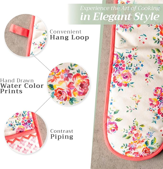 Maison d' Hermine Double Oven Mitts 100% Cotton 7"x35" Double Oven Mitt Heat Resistant BBQ Cooking Gloves with Loop, Baking, Grilling, Home, Kitchen, Handling Hot Pans Spring Summer (Rose Garden)