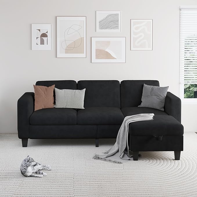Sectional Sofa Couches for Living Room - 78'' Black 3 Seat L-Shaped Couch with Storage Ottoman, Modern Velvet Convertible Sectionals Sofas with Chaise for Apartment, Office, Small Space