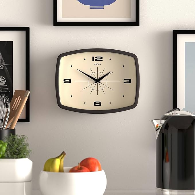 JONES CLOCKS® Movie Wall Clock | Rectangular Retro Clock | 10 inch | Mocha Brown | Cool mid-Century Designer Look for Kitchen, Living Room or Office