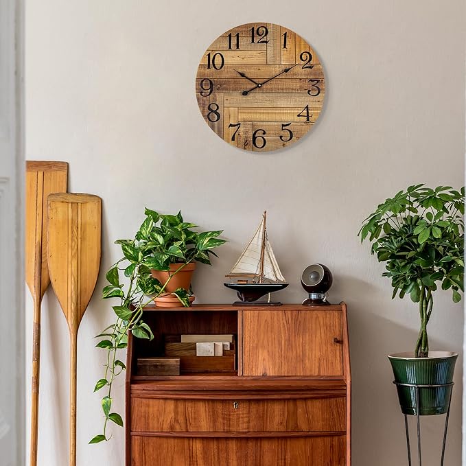 BEW Large Wall Clocks, 24 inch Wood Wall Clock Battery Operated, Rustic Farmhouse Shabby Chic Decorative Wall Clock Silent for Bedroom, Kitchen, Office, Living Room Decor