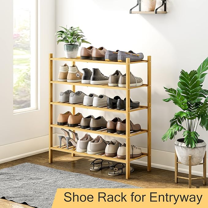 5-Tier Bamboo Shoe Rack for Entryway, Stackable | Heavy Duty | Multi-Function, Free Standing Shoe Racks for Bedroom Hallway Closet