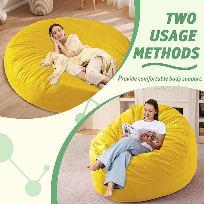 7FT Bean Bag Chair with Ultra Soft Velvet Cover Bean Bag Sofa with Memory Foam Bean Bag Chairs with Large Size Lazy Sofa for Dorm Office Living Room Bedroom Yellow 7'