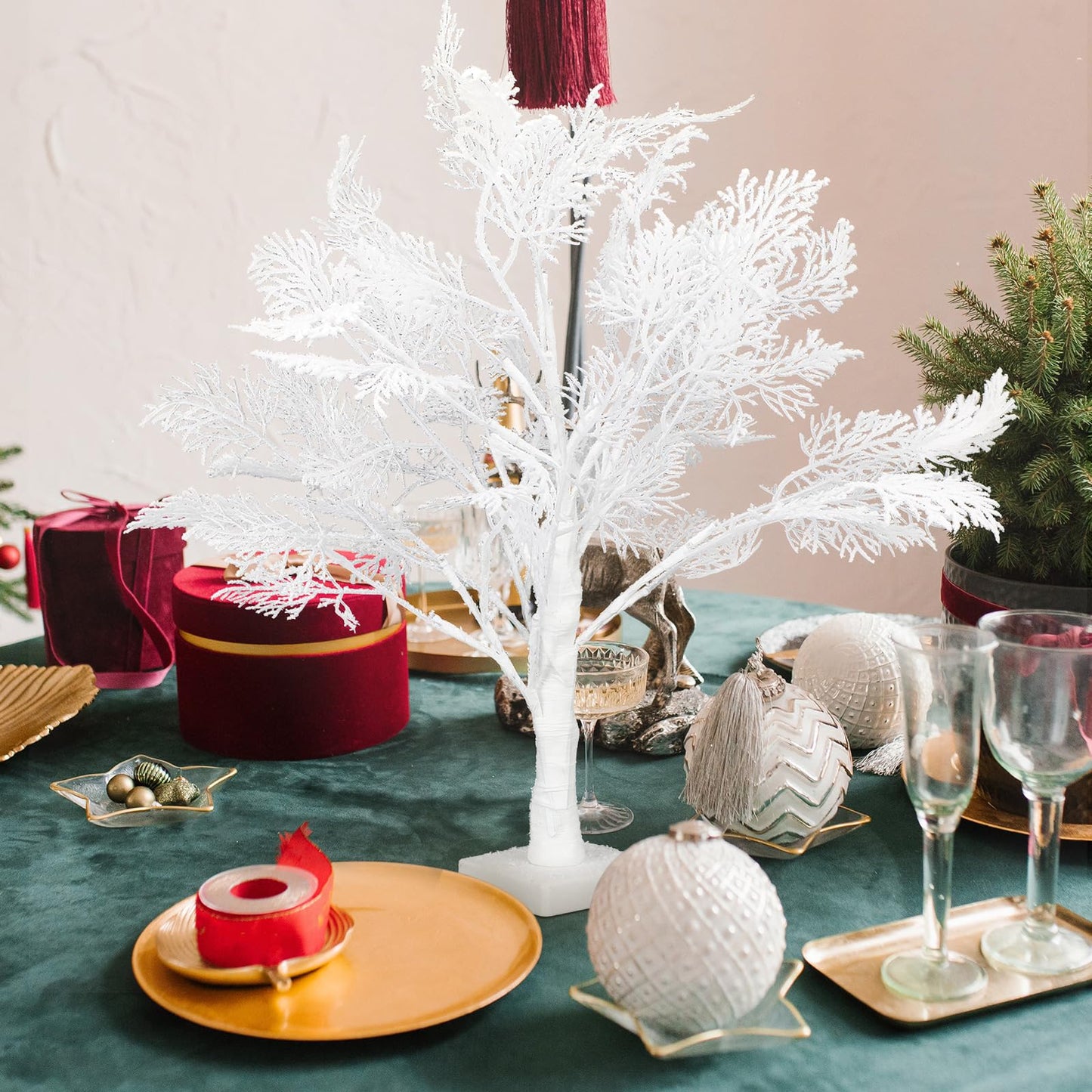 Quzzil 2 Pack Flocked Tabletop Christmas Tree with Lights 24 Inch Artificial Small White Christmas Snow Birch Tree Frost Battery Powered/USB Table Centerpiece for Indoor Mantel Holiday Decor