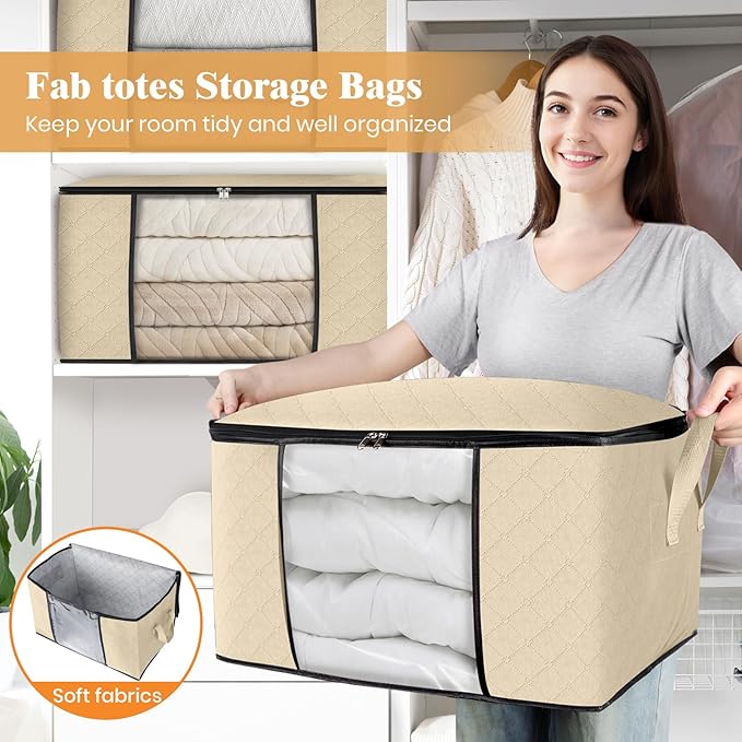 Fab totes 6 Pack Clothes Storage, Foldable Thick Fabric Blanket Storage Bags, Containers for Organizing Bedroom, Closet, Clothing, Comforter,Organization with Handle,Beige