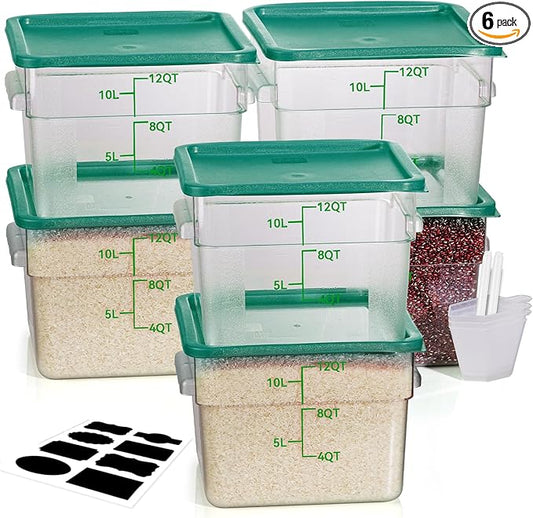 12QT NSF Food Storage Containers: 6PCS [Food Grade][Hot&Cold Resistant] Commercial Clear Food Storage Containers with Lids for Restaurant Kitchen Proof Dough, Measuring Spoons Included(GREEN)