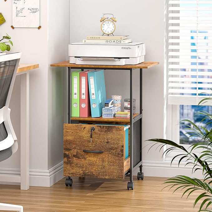 File Cabinet Small Filing Cabinet with Lock Printer Stand with Storage, Rolling File Cabinet with Drawer Vertical File Cart with Wheels, Lockable Filing Cabinet for Home Office