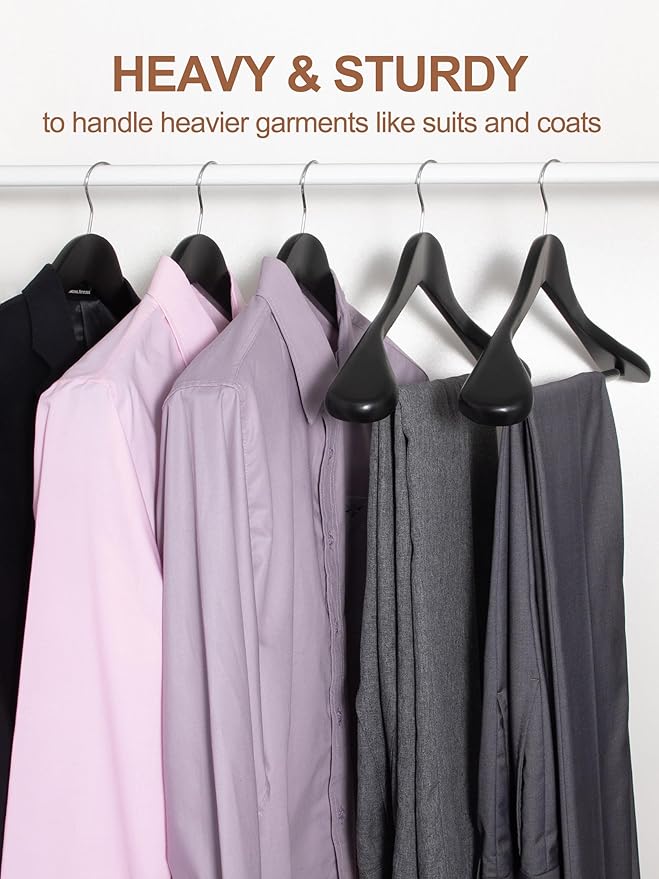 HOUSE DAY Wide Shoulder Wooden Hangers 12 Pack, Wood Suit Hangers for Men with Non Slip Pants Bar, Smooth Finish Solid Wood Coat Hangers for Jacket, Pants, Dress, Heavy Clothes Hangers (Black)