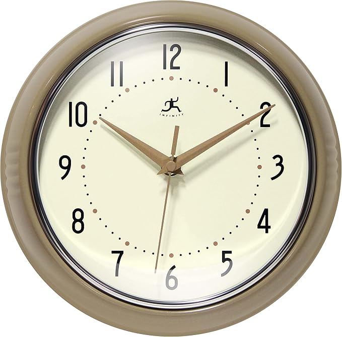 Infinity Instruments LTD. Retro 9 inch Silent Sweep Non-Ticking Mid Century Modern Kitchen Diner Wall Clock Quartz Movement Retro Wall Clock Decorative (Latte)…