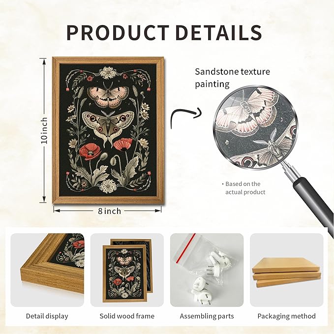 Vintage Framed Wall Art - 3D Textured Classical Style Moth Pictures Wall Decor - Hand Drawn Flowers Nature Art Painting for Living Room Bedroom Home Decor 8x10in