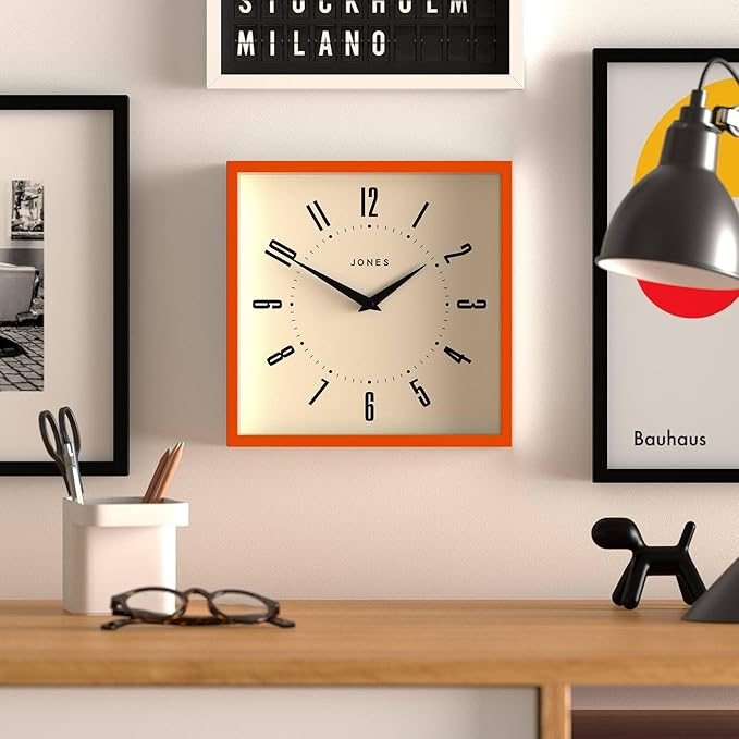 JONES CLOCKS® Box Wall Clock | Retro Square | 10 inch | Orange | Easy to Read Numbers | Perfect Kitchen or Office Clock