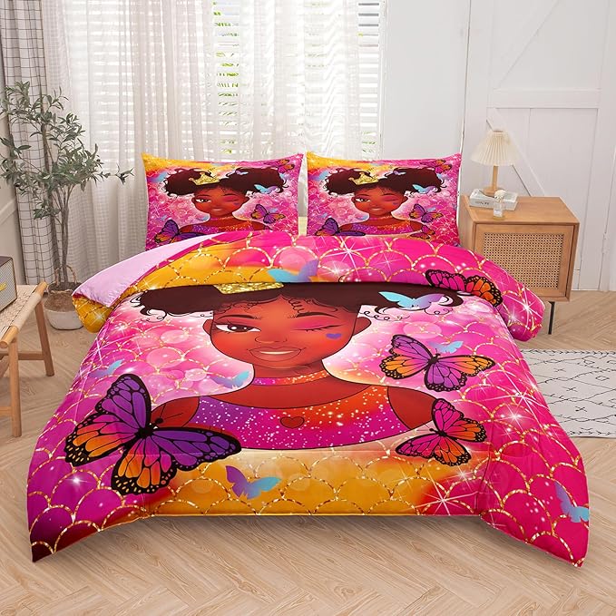 Tailor Shop Kawaii African American Black Girl Comforter Set Pink and Red Bedding Sets for Girls Kids Cute Magic Black Girl Bedding Set Mermaid Butterfly Comforter Twin Size with 1 Pillowcase…