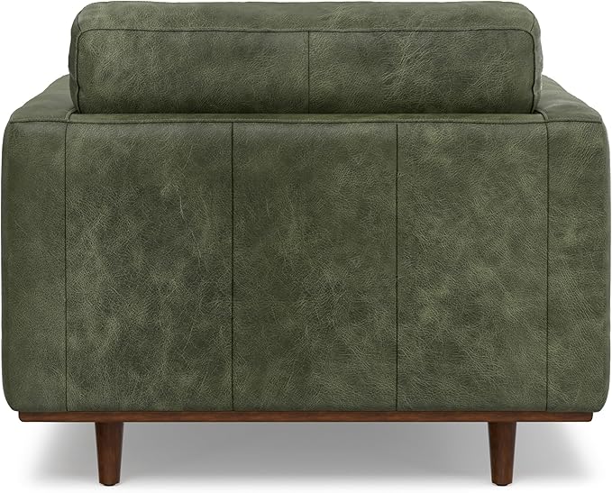 SIMPLIHOME Morrison Accent Chair - 43 inch Wide Upholstered Top Grain Genuine Leather Mid-Century Modern Arm Chair with Solid Wood Frame in Moss Green, for Living Room with 2 Bolster Pillows