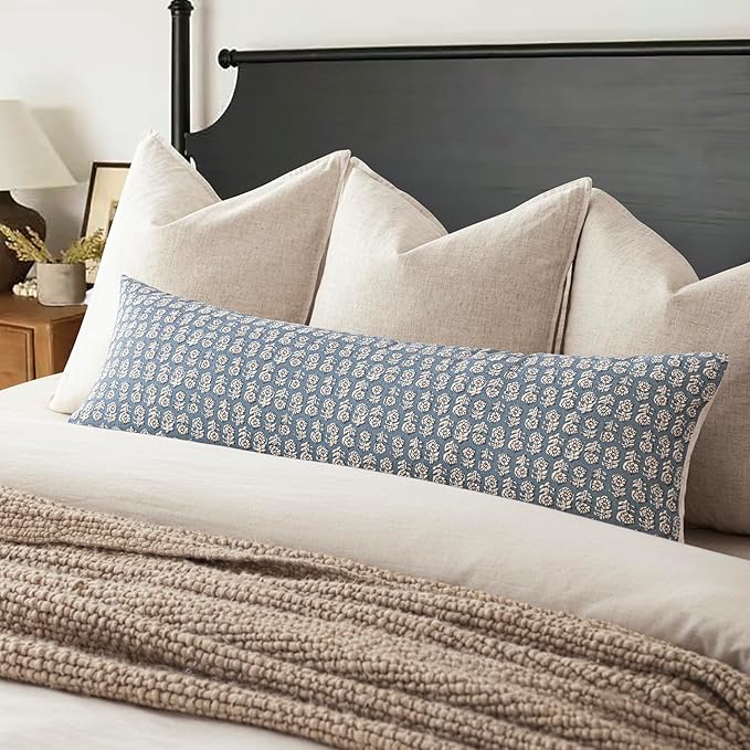 Foindtower Set of 2 Decorative Neutral Body Lumbar Throw Pillow Covers Vintage Accent Farmhouse Cushion Covers Floral Home Decor for Sofa Couch Chair Bedroom Living Room Outdoor,14×36 Inch,Dusty Blue