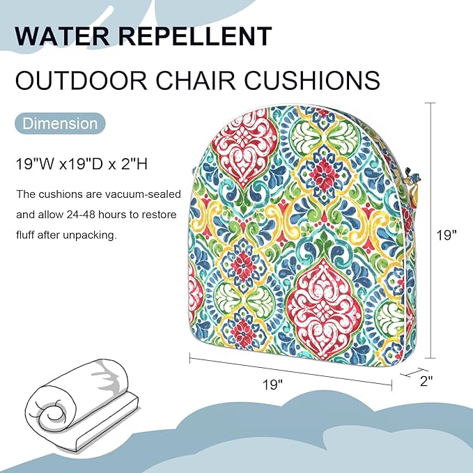 Set of 4 Outdoor Chair Cushions 19"x19"x2",Water Repellent Dining Seat Cushion with Ties and Removable Covers, Chair Cushions for Indoor and Patio Furniture, Damask Red