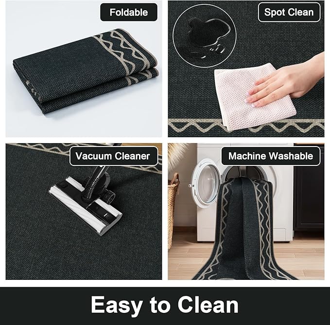 OJIA Easy Jute Washable Rugs 5x7 Outside Rug, Modern Outdoor Patio Rug for Living Room Wavy Border Indoor Outdoor Rug Farmhouse Non-Slip Black Carpet Geometric Area Rug for Backyard Dining Room