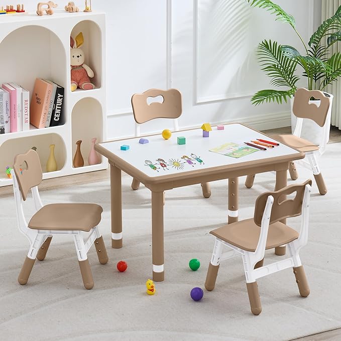 Kids Table and 4 Chairs Set, Height Adjustable (17.7"-26.1") Toddler Table and Chair Set, Multi-Activity Table with Graffiti Desktop, Children’s Table and Chairs for Classroom, Home & Daycare