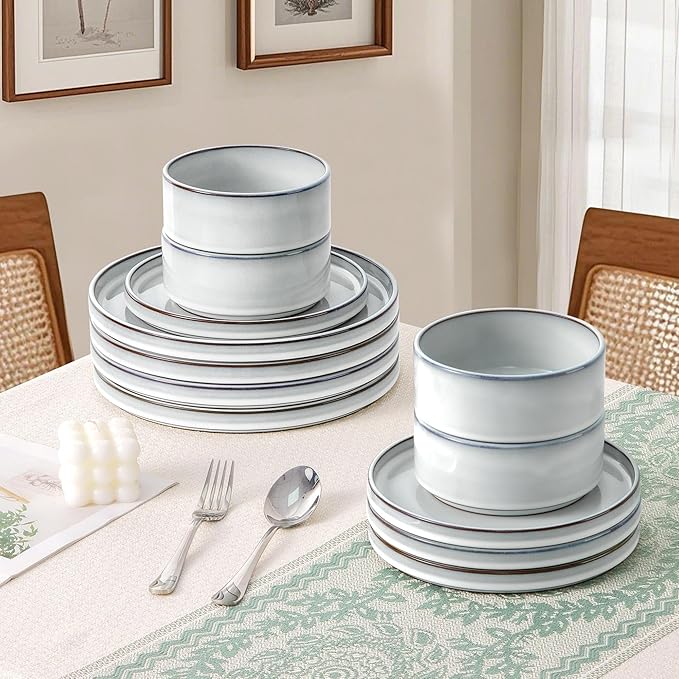 LIANYU Stoneware Dinnerware Dishes Sets for 4, 12 Piece Ceramic Plates and Bowls Dishware Set for Pasta Dessert Cereal, Rustic Terracotta Bottom, Microwave & Dishwasher Safe, Lucent White