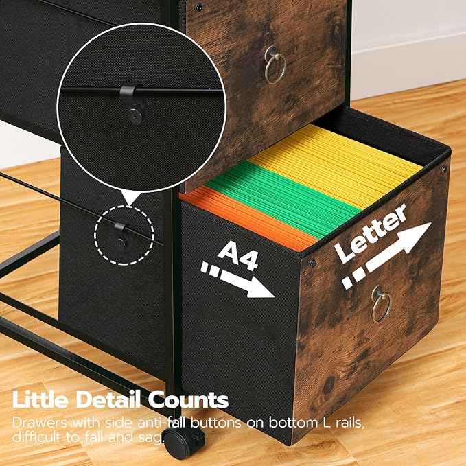 HOOBRO 2 Drawer Mobile File Cabinet, Rolling Printer Stand, Vertical Office Filing Cabinet for Home Office, A4/Letter Size, Nonwovens Drawer, Rustic Brown BF20WJ01