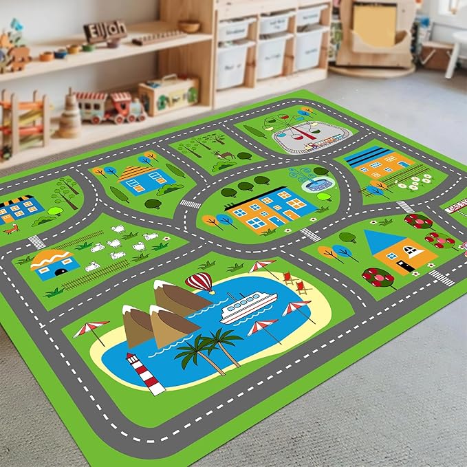 Kids Playmat Car Rug, Kids Play Rugs Town City Road Map Rug, Large Educational Car Mat, Boys Track Play Mat, Kid Rugs for Playroom Bedroom Living Room (Style 3, 59X 39.4 INCH)