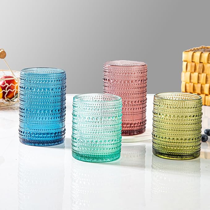 Set of 8 Hobnail Drinking Glasses Colored Vintage Glassware - 4 Highball Glasses 14 oz, 4 Rocks Glass Cup 11 oz, Embossed Old Fashioned Glassware for Water, Juice, Wine, Beer (4 Colors)