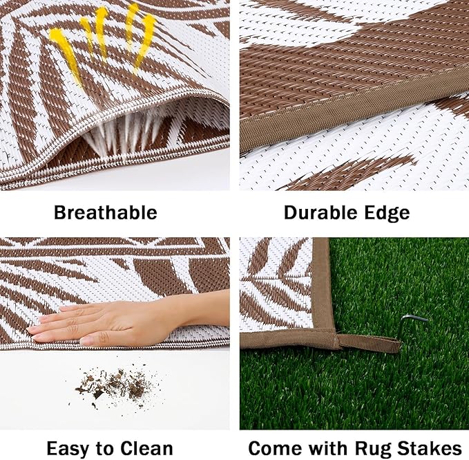 Ileading Outdoor Rug Carpet for Patio 9'x12' Waterproof Reversible Plastic Straw Rug Portable Outside Area Rug Camping Mat for Patio, Clearance, Balcony, Picnic, Pool, Beach, RV, Deck, Brown
