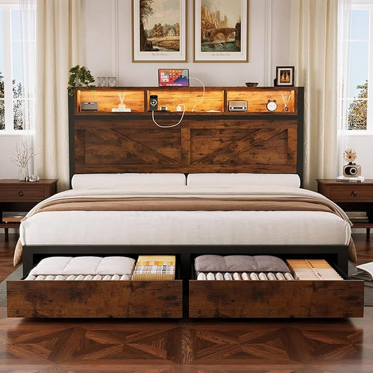 Farmhouse Queen Bed Frame with Bookcase Storage Headboard, Charging Station, LED Light and 2 Storage Drawers, Noise Free, No Box Spring Needed, Brown