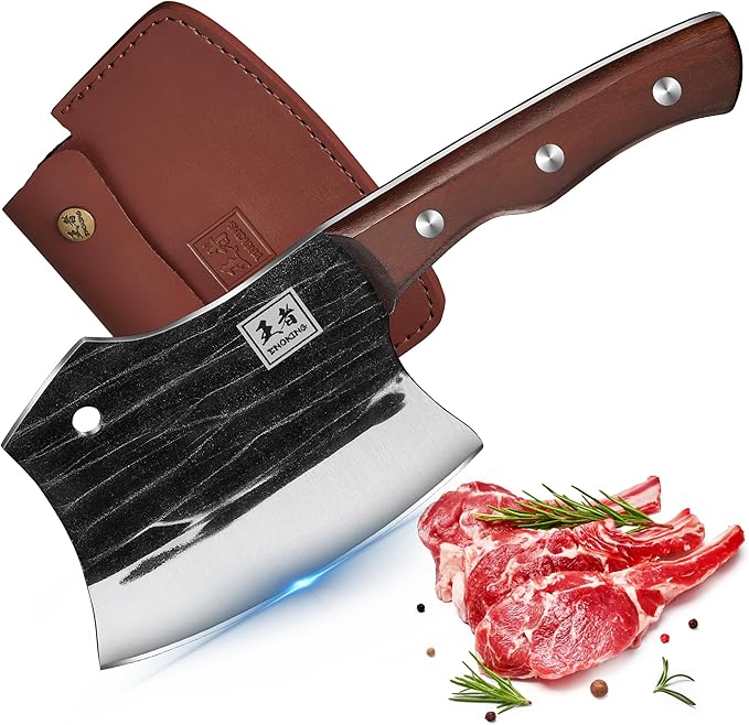 ENOKING Meat Cleaver, 5.7 Inch Bone Chopper Axe with Wood Handle, Heavy Duty Full Tang Chopping Knife for Kitchen, Camping, BBQ, Outdoor