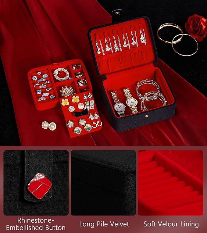 Homde Jewelry Box Small for Women: Ring Earring Organizer Storage for Dresser - Necklace Bracelets Holder with Multi Compartments(Black + Red)