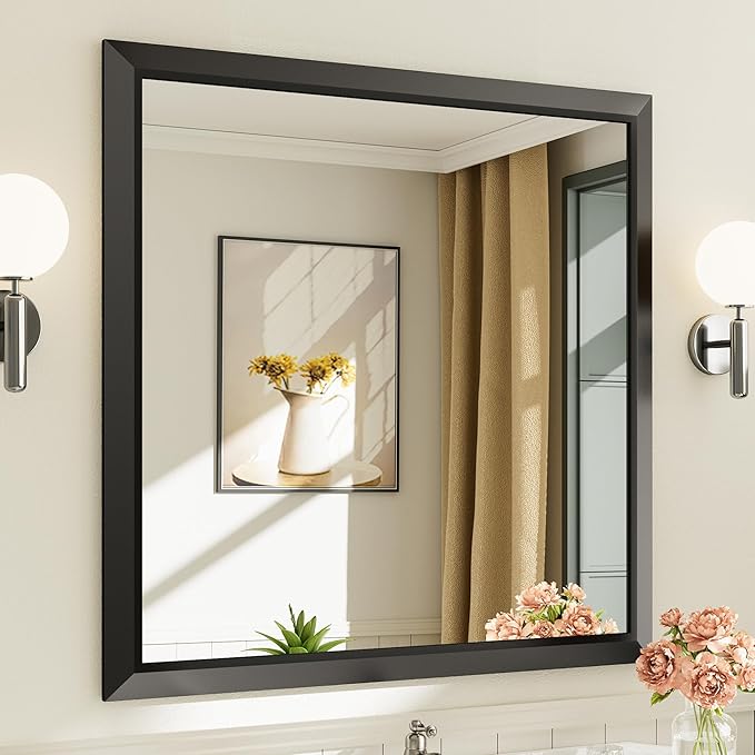 36x36 Inch Black Bathroom Mirror for Wall, Thick Metal Framed Rectangle Mirrors for Over Sink, Bedroom, Living Room, Entryway, Anti-Rust, HD Tempered Glass