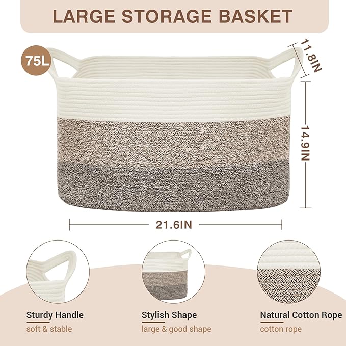 Large Laundry Hamper Blanket Basket，21.6''×14.9''×19.6'' Cotton Rope Woven Laundry Basket for Organizing, Rectangle Toy Basket for Living Room, Bedroom