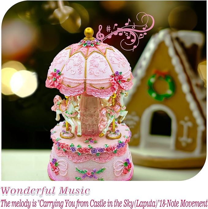 Carousel Music Box，Luxury Color Change LED Light Music Box,Luminous Rotating 3-Horse Musical Box with Gift Box for Girls Birthday Valentine Gift (Castle in The Sky, Pink)