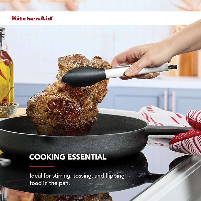 KitchenAid Silicone Tipped Stainless Steel Tongs, 9 Inch, Black