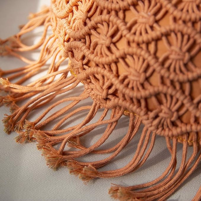 Phantoscope 100% Cotton Handmade Crochet Woven Boho Throw Pillow with Tassel Cute Farmhouse Pillow Insert Included Lumbar Small Decorative Cushion for Couch Sofa, Orange,16 inches Round