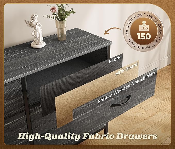 Huuger 78.7 inch Long Dresser for Bedroom, 15 Drawer Fabric Dresser for Closet, Large TV Stand for 65, 75, 85 inch TV, Wide Chest of Drawer with Storage, 78.7" W x 12.9" D x 26.7" H, Charcoal Black