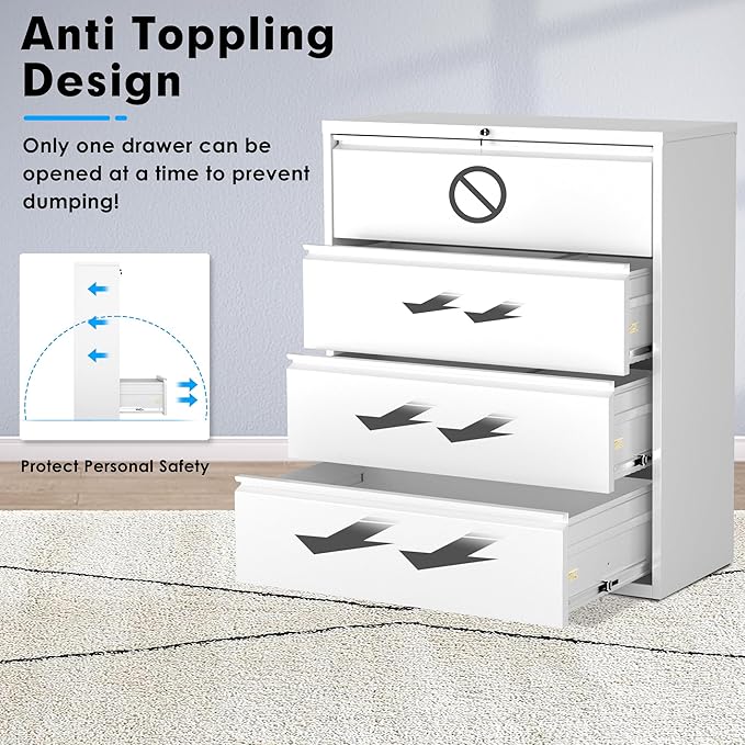 Pataku 4 Drawer File Cabinet with Lock, Metal Lateral File Cabinets for Home Office, Locking Filling Cabinets for Hanging Files Letter/Legal/F4/A4 Size (White)