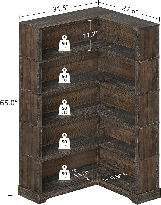 TVU Wood Corner Book Shelf, 5 Tier 65 Inch Tall Bookshelf with Storage, Floor Standing Display Book Shelf for Living Room, Kitchen, Home Office, Rustic Brown