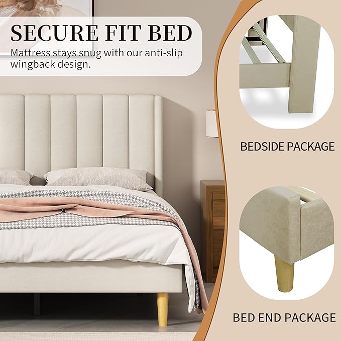 King Size Upholstered Platform Bed Frame with Modern Wingback & Vertical Panel Headboard, Linen Fabric, Wooden Legs & Slats Support, No Box Spring Needed, Noise-Free & Easy Assembly, Beige