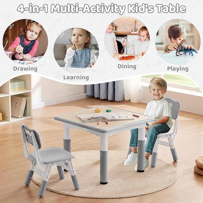 Adjustable Kids Table Chairs Set – Graffiti Desktop, Multi-Activity Height-Adjustable Toddler Study Desk for Ages 3-8 – Ideal for Home, Classroom, Daycare (W-Gray, 2 Chairs-23.6" L x 23.6" W)