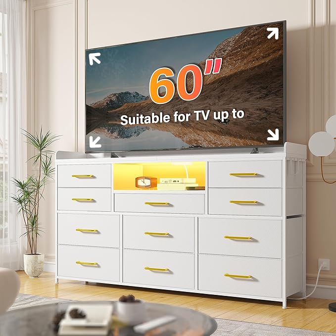 EnHomee Dresser TV Stand with 11 Drawers for 60" TV Stand for Bedroom with LED Lights & Power Outlets Long Dresser for Bedroom with Shelves & 4 Hooks Sturdy Metal Frame & Wood Top, White