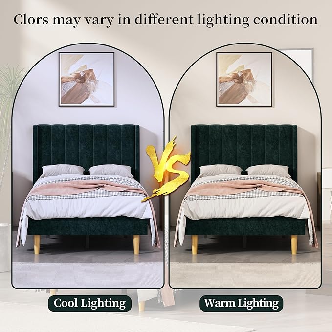 Twin Size Upholstered Platform Bed Frame with Modern Wingback & Vertical Panel Headboard, Velvet Fabric, Wooden Legs & Slats Support, No Box Spring Needed, Noise-Free & Easy Assembly, Ink Green