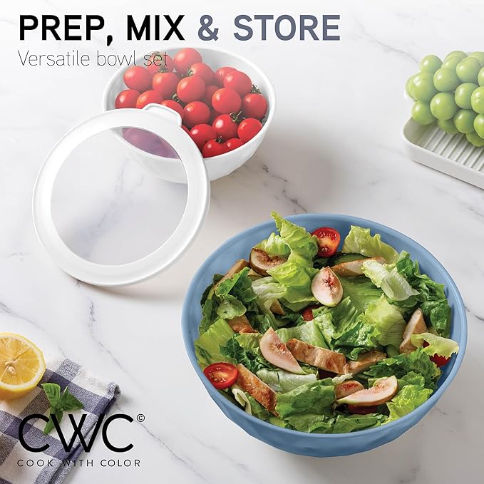 COOK WITH COLOR Mixing Bowls with Lids - 12 Piece Plastic Nesting Bowls Set includes 6 Prep Bowls and 6 Lids, Diamond Design - Microwave Safe (Mint)