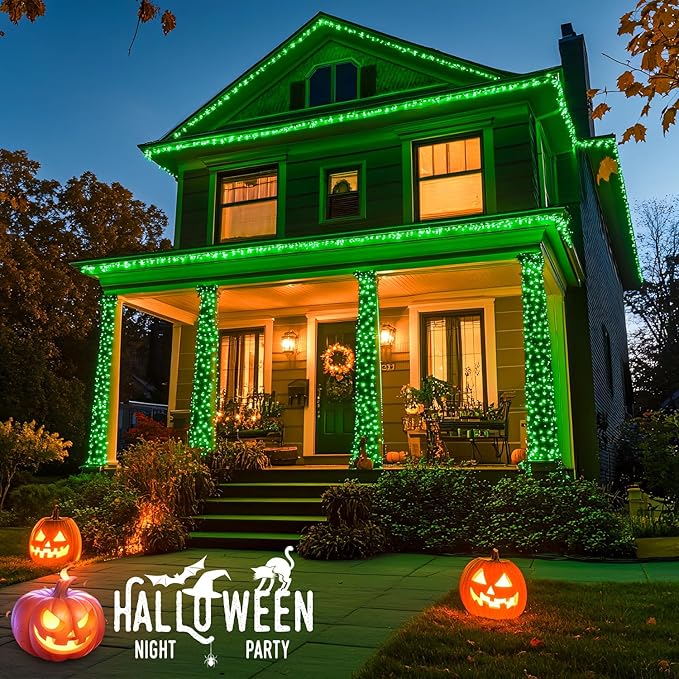 JMEXSUSS Green Halloween Lights Outdoor, 132ft 400 LED Halloween String Lights Plug in with Remote, Indoor Green Light for Porch Tree House Yard Christmas Decorations