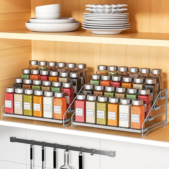 RCHYFEED 4 Tier Spice Rack Organizer, Spice Organization for Cabinet,Pantry, Countertop,Tiered Spice Rack Easy Visibility,Depth Expandable Seasoning Shelf for Kitchen Cabinet Organizer,Silver,2 PACK