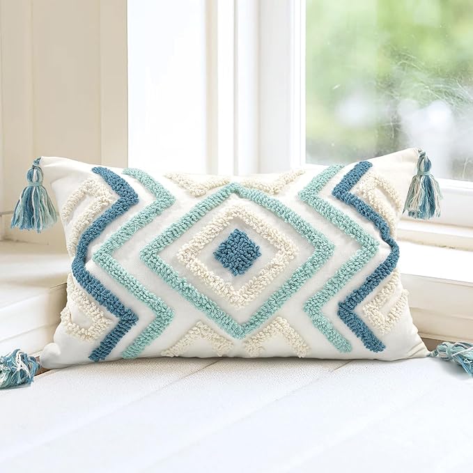 Boho Pillow Covers 12X20 Inch Boho Tufted Throw Pillow Covers Decorative Tassels Cushion Cover Farmhouse Pillow Case for Couch Sofa Bed Living Room Bedroom, Teal