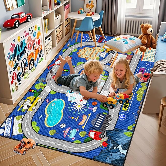 Car Mat for Kids Toy Cars - Car Track Rug Car Carpet for Kids Play Mat City Life Road Carpet for Playroom Living Room Bedroom Classroom, 3'×5'