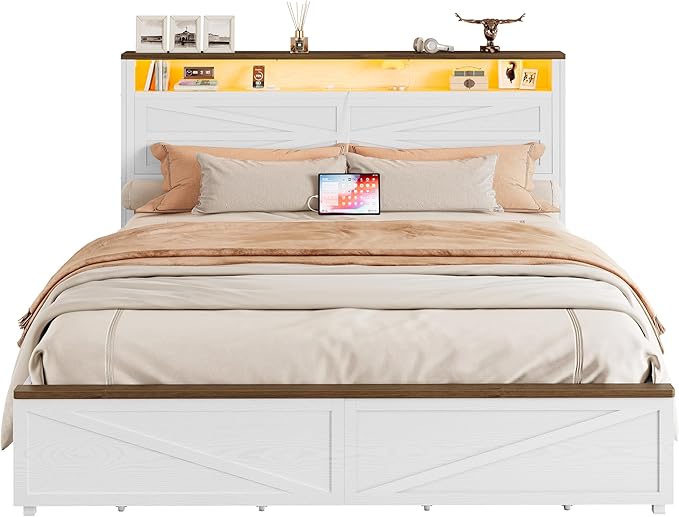 IRONCK Farmhouse Queen Size Bed Frame with LED Light and Charging Station, Wood Bed Frame with Storage Headboard and 2 Drawers， Barn Door Design, Sturdy and Noiseless, White